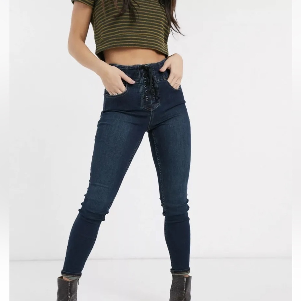 Free People Crvy Lover's Knot Lace Up High Rise Skinny Jeans